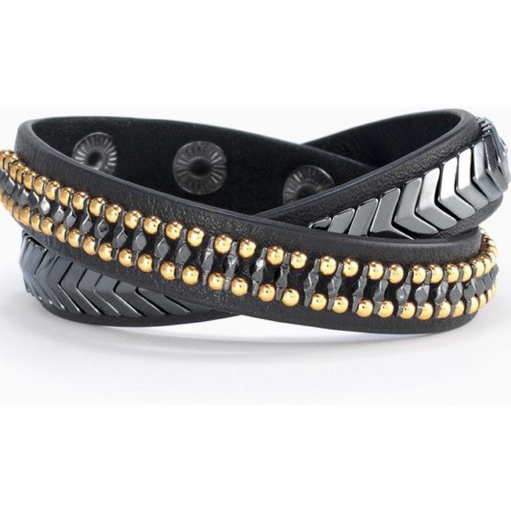 🆕WOT - Stella & Dot Gilded Path Double Wrap Genuine Black Leather Bracelet
